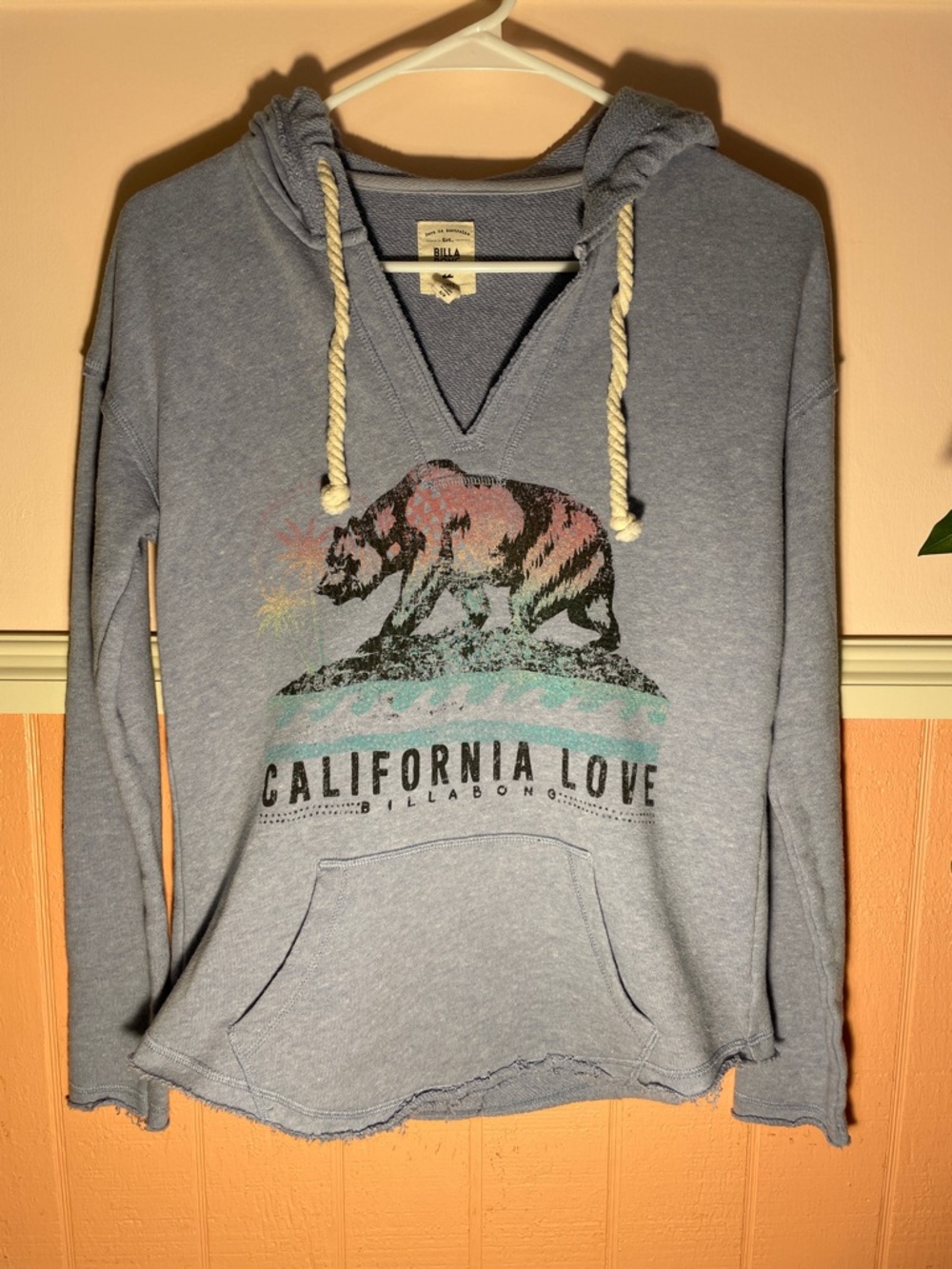 Billabong Light Blue 'California Love' Graphic Hooded Pullover, Size Small